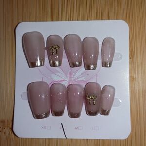 Elegant Pink & Gold Tip & Gold Bows Press-On Coffin Nails